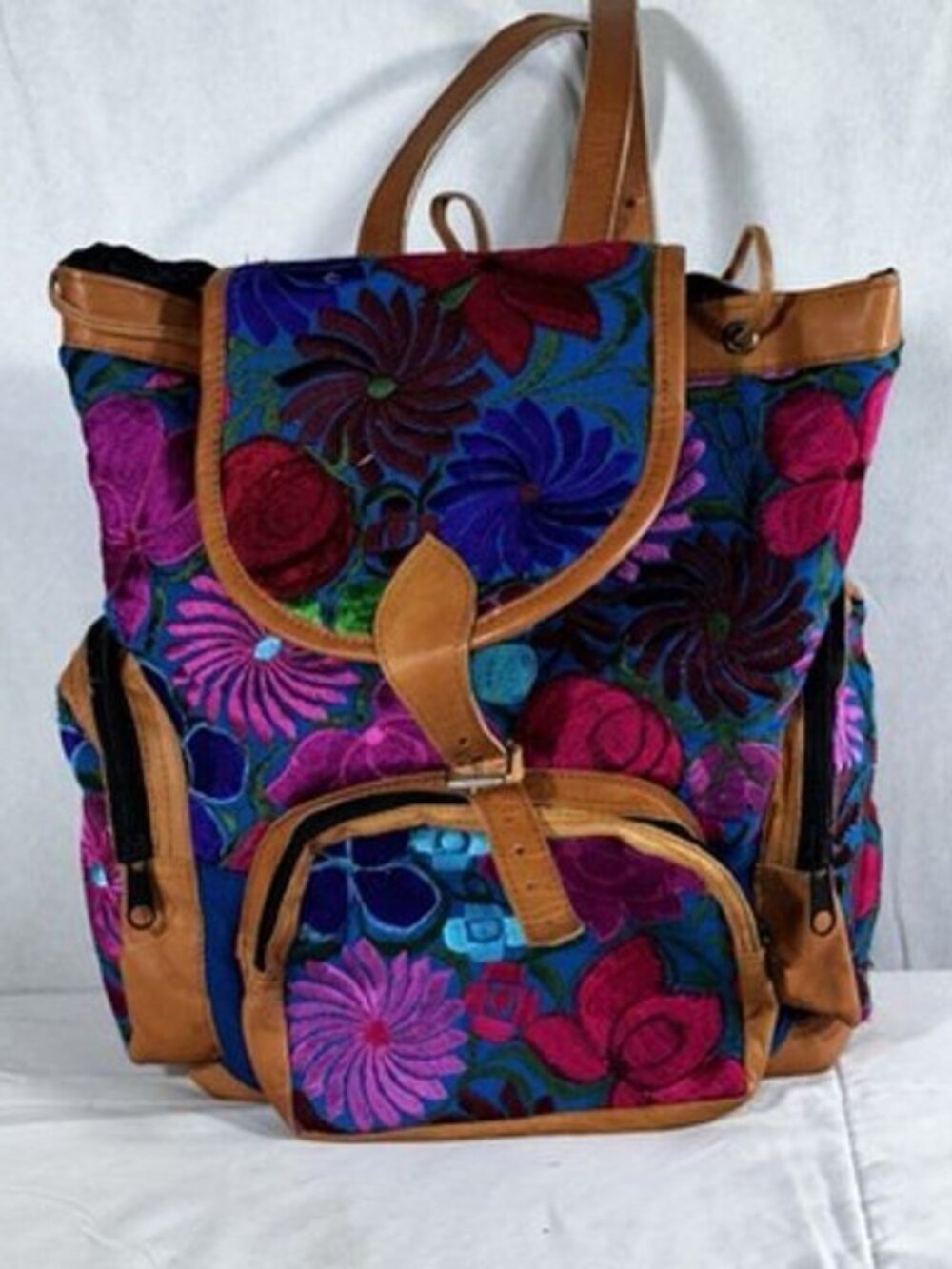Multicolor Tapestry Embroidered Fabric Tan Leather Trim Drawstring Backpack